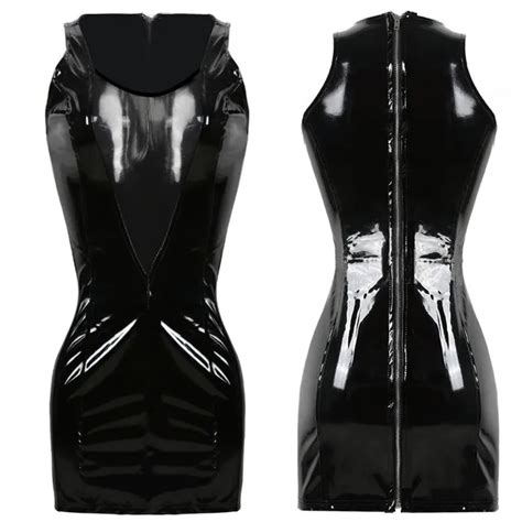 Women Sexy Pvc Leather Latex Dress Sleeveless With Zipper Bodycon