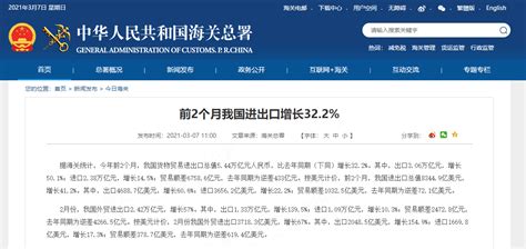 海关总署：今年前2个月我国货物贸易进出口增长322外贸