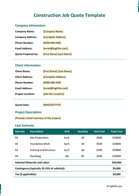 Construction Estimate Quote Template - Word | PDF | Google Docs - Highfile
