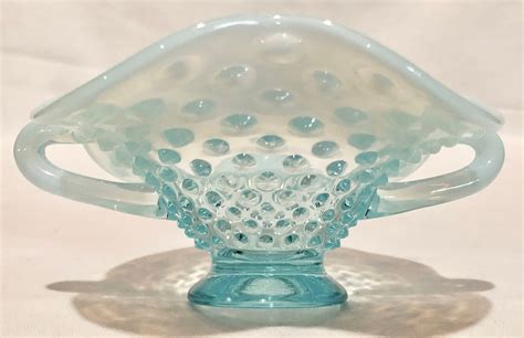 Fenton Blue Opalescent Vintage Hobnail Footed Glass Bowl With Handles