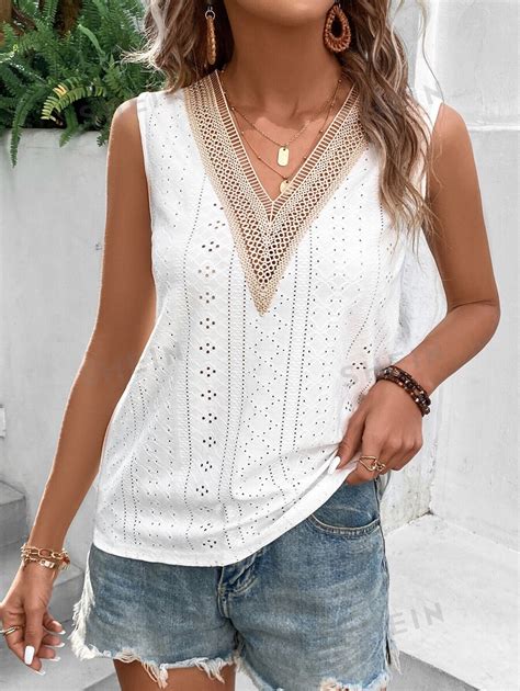 SHEIN VCAY Sping Guipure Lace Panel Eyelet Embroidery Tank White Top