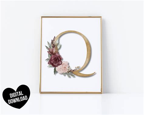 Letter Q Wall Art, PRINTABLE Letter Art Print, Initial Wall Art, Floral ...