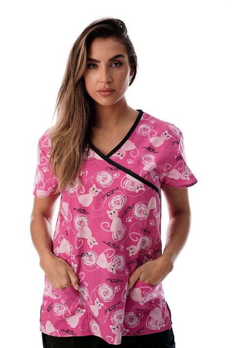 Just Love Womens Scrub Tops Nursing Scrubs Pink Cat Meow Black Trim