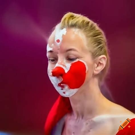 Blonde Woman With Clown Nose Covered In Foam At Circus On Craiyon