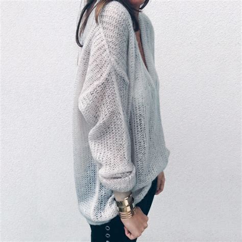 Deep V Stitching Long Sleeve Sweater Women Solid Color Pullovers Autumn