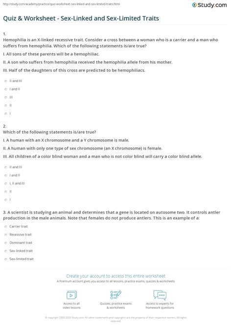 Quiz Worksheet Sex Linked And Sex Limited Traits Study