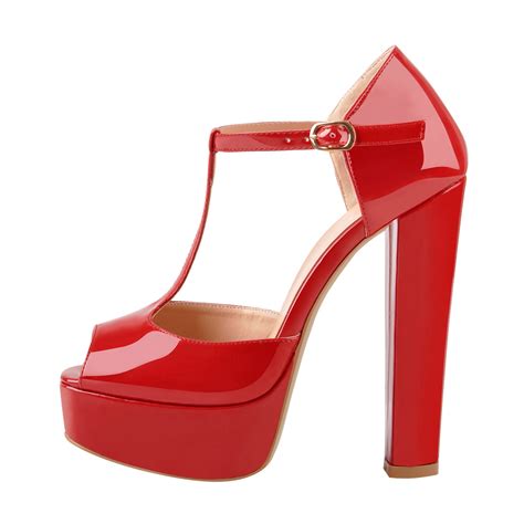 T Strap Peep Toe Platform Patent Chuncky High Heel Sandals Onlymaker