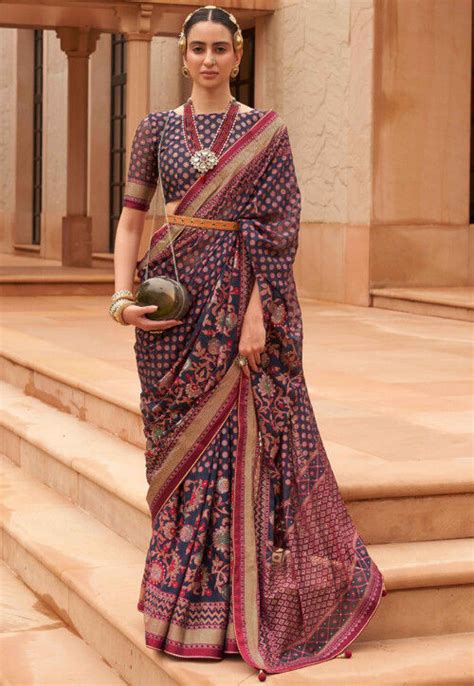 Buy Foil Printed Georgette Brasso Saree In Navy Blue Online Skga