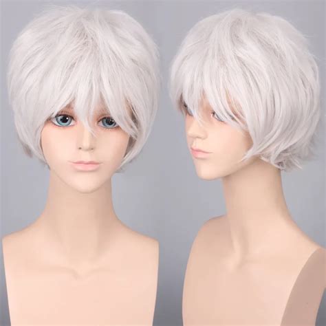 28 Cm Harajuku Heat Resistant Cosplay Wig Anime Mens Synthetic Hair Male Sliver White Short