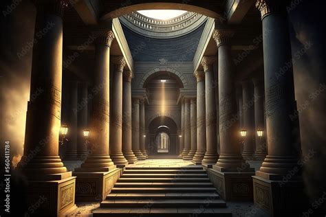 Ancient Egyptian Temple of Gods. An ancient temple with high columns, stairs, moonlight ...