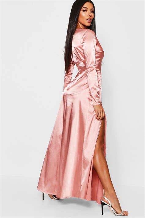 Satin Wrap Detail Long Sleeve Maxi Dress Long Sleeve Maxi Dress