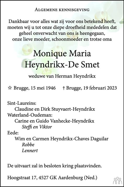 Monique Maria Heyndrikx De Smet 19 02 2023 Overlijdensbericht En