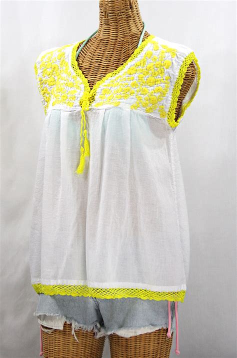 La Marbrisa Sleeveless Mexican Blouse White Neon Yellow