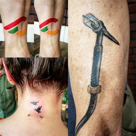 Three Different Tattoos On The Legs Of People With Scissors And Birds