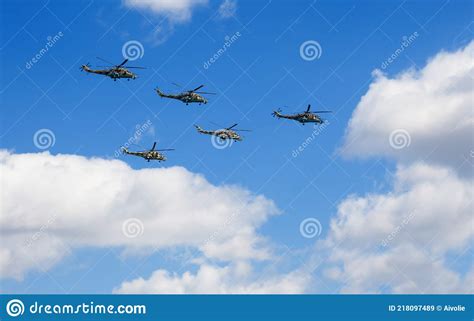 Moscow Russia May 7 2021 Flying Helicopters At Rehearsal For The