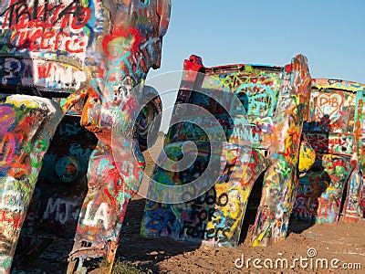 Close Up Of Cadillac Ranch With Partially Buried Cadillacs Covered With ...