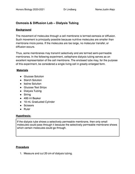 Osmosis And Diffusion Lab With Dialysis Tubing Answers Simpl