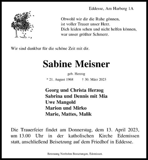 Traueranzeigen Von Sabine Meisner Trauer Anzeigen De