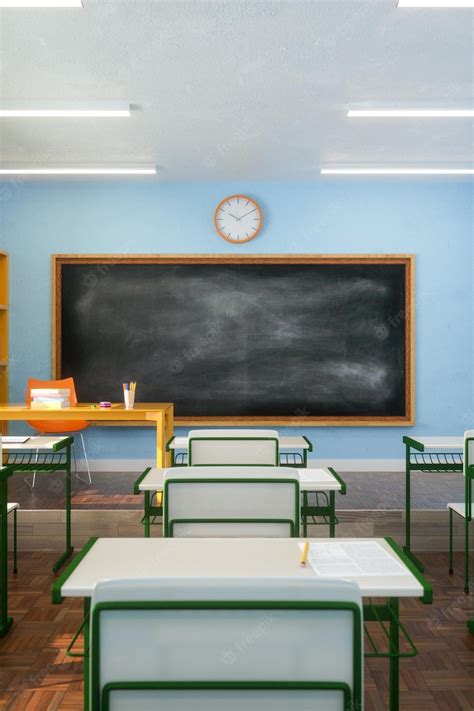 Premium Photo Interior Of Sunlit Classroom With Chalkboard 3d Render