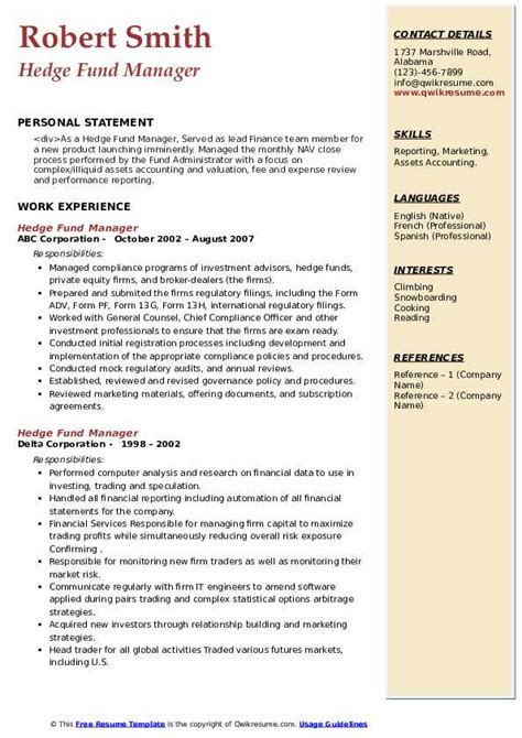 Hedge Fund Manager Resume Samples | QwikResume