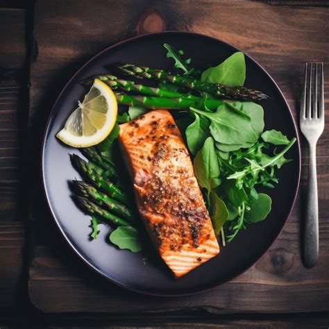 Premium Ai Image Grilled Salmon Fillet With Asparagus Arugula And