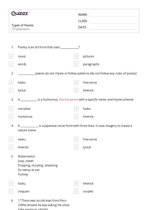 Poems Worksheets For Th Class On Quizizz Free Printable