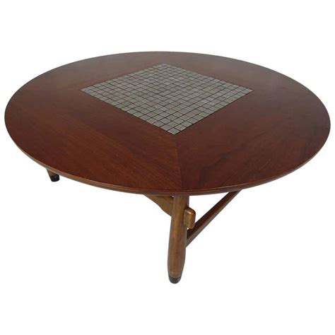 Mid Century Modern Rosewood Coffee Table W Painted Tile Inlay At