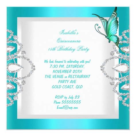 Quinceanera Th Pretty Teal Blue Butterfly Tiara Invitation Zazzle