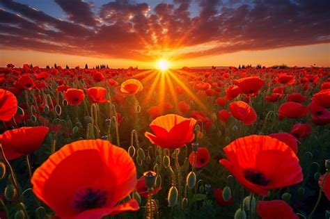 Premium AI Image | Vibrant Red Poppy Field at Sunset