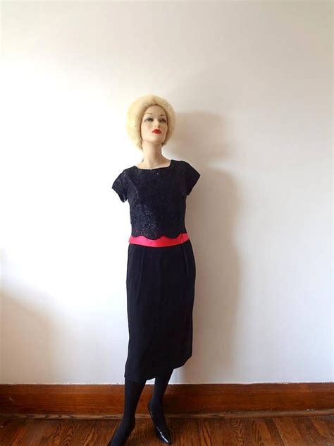 1950s Cocktail Dress Vintage Black Lace And Rayon Wiggle Dress Etsy