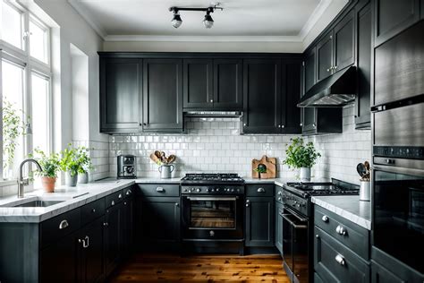 Scandinavian-style (kitchen interior) with kitchen cabinets and plant ...