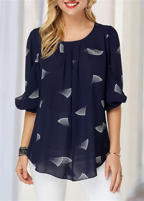 Printed Blouson Sleeve Navy Blue Blouse | modlily.com - USD $31.99