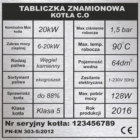 Tabliczka znamionowa 1 na piec kocioł grzewczy CO grawerowana 12x12