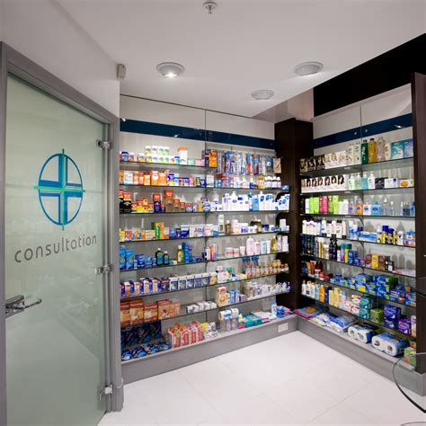 modern pharmacy store interior  shelves full  medicines