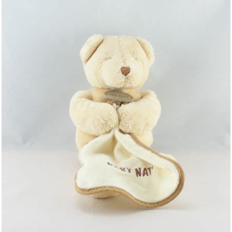 Doudou Ours écru avec mouchoir blanc marron Baby Nat