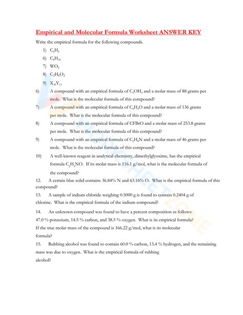 Free Empirical Molecular Formula Practice Worksheets