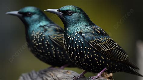 Two Birds Sitting On Top Of Wood Background Starling Birds Pictures