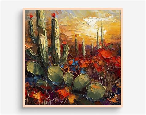 Arizona Desert Oil Painting Cactus Artwork Saguaro Wall Art Desert ...