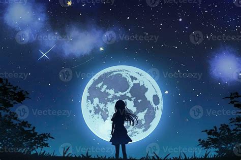 Anime Girl Looking At The Moon On Starry Night Illustration 23913636