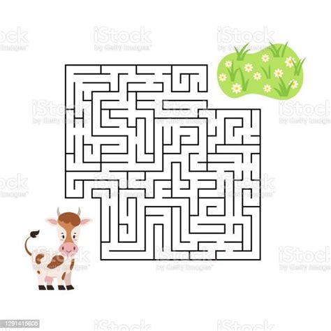 Maze Game Cow Find Grass In Labyrinth Isolated On White Background