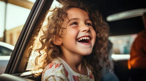 Chica feliz riéndose en el asiento trasero del auto mientras viaja