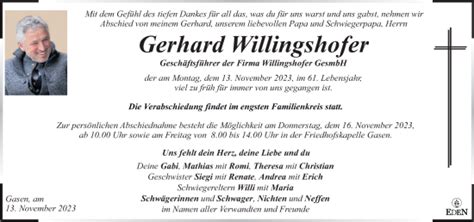 Traueranzeigen Von Gerhard Willingshofer Trauer Kleinezeitung At