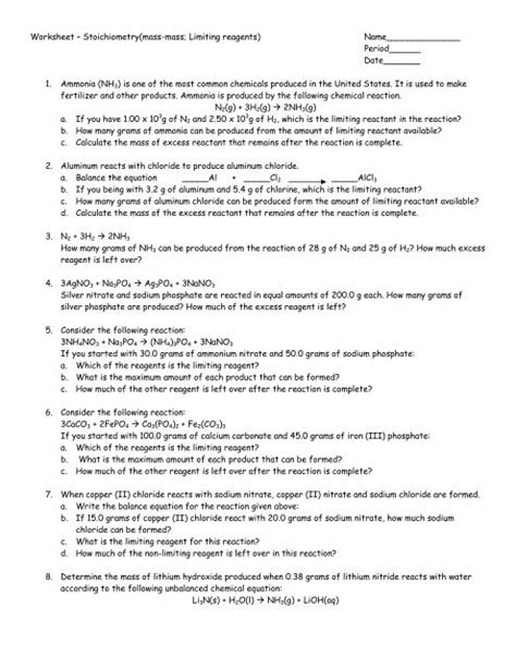 Worksheet Stoichiometry Mass Mass Limiting Reagents Worksheets