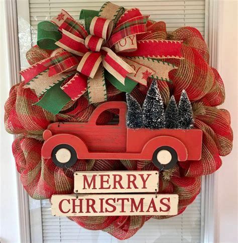 Red Truck Wreath Christmas Wreath Red Truck Buffalo Plaid Etsy