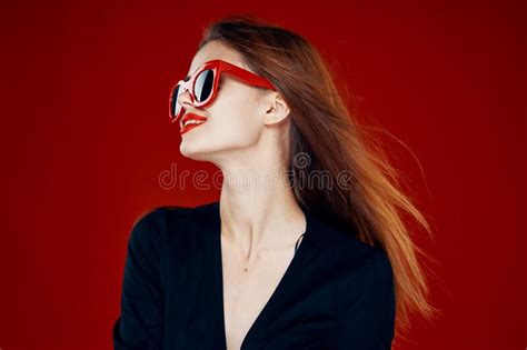 Glamorous Woman Wearing Sunglasses Red Lips Posing Close Up Stock Image Image Of Excited Girl