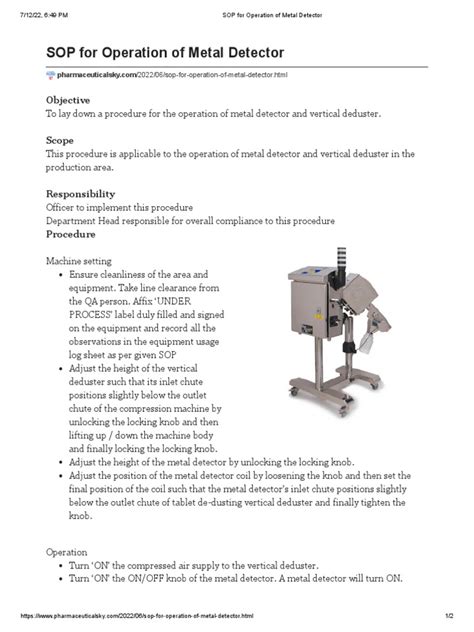 Sop For Operation Of Metal Detector Pdf Metal Detector Manufactured Goods