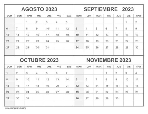 Calendario Agosto Septiembre Octubre Noviembre 2023