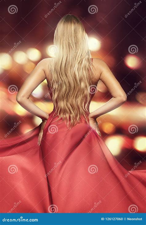 Blonde Lady In Red Elegant Maxi Dress Stock Photo Image Of Female