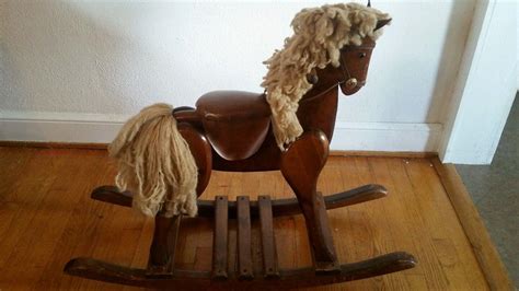 VINTAGE SOLID WOOD ROCKING HORSE LEATHER EARS AND SADDLE/ YARN MANE AND TAIL | #1759199398