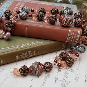 Raku Lampwork Artisan Beaded Pendant Necklace With Copper And Crystal